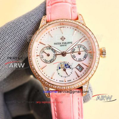 New replica TW factory Patek Philippe rose gold diamond bezel pink leather strap watch 